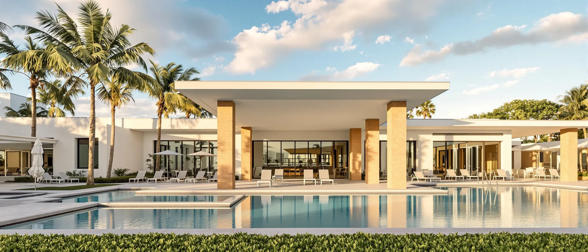 Community clubhouse beside a resort-style pool