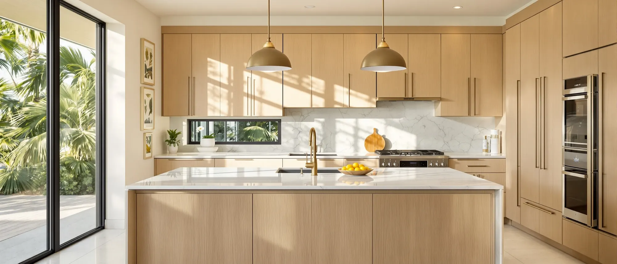 Remodeled kitchen with white oak cabinets and a quartzite island